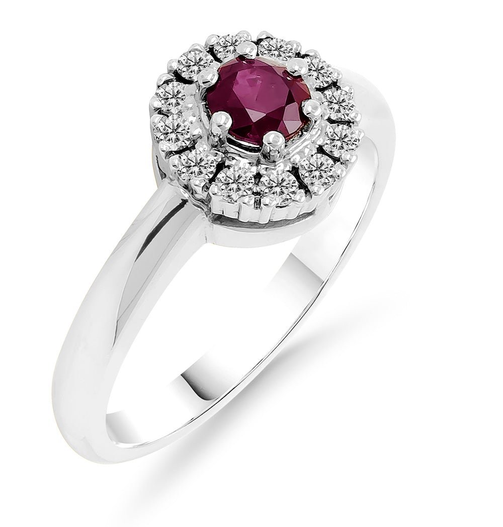 Silván,Halo timanttisormus 0,24ct Rubiinilla, 14K valkokultaa, Lauriel-mallisto