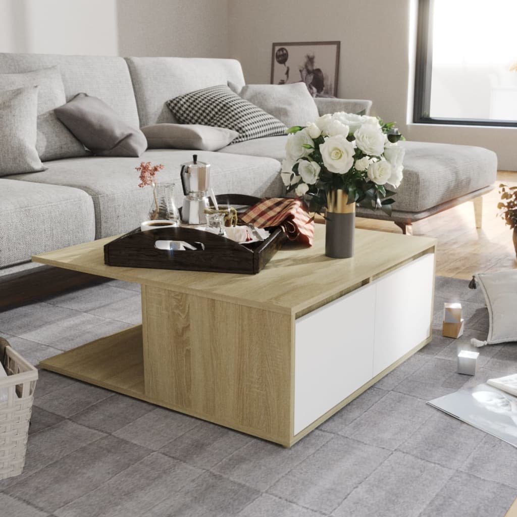 vidaXL Sohvapöytä valkoinen ja Sonoma-tammi 80x80x31 cm tekninen puu