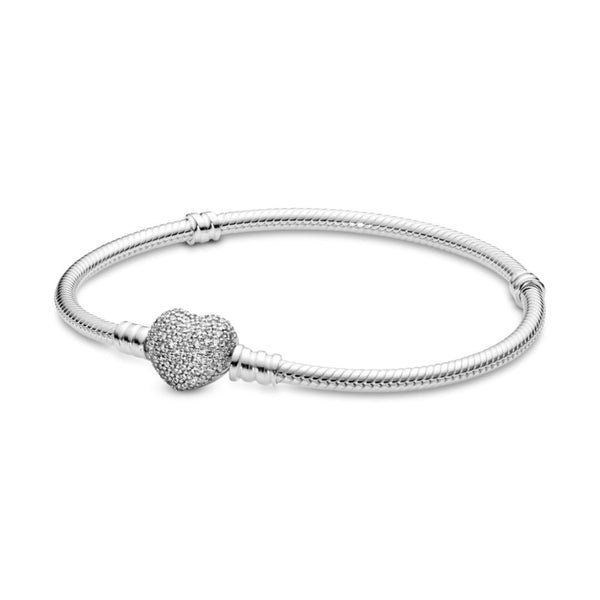 Pandora Moments Sparkling Heart & Snake Chain rannekoru, hopea, 590727CZ