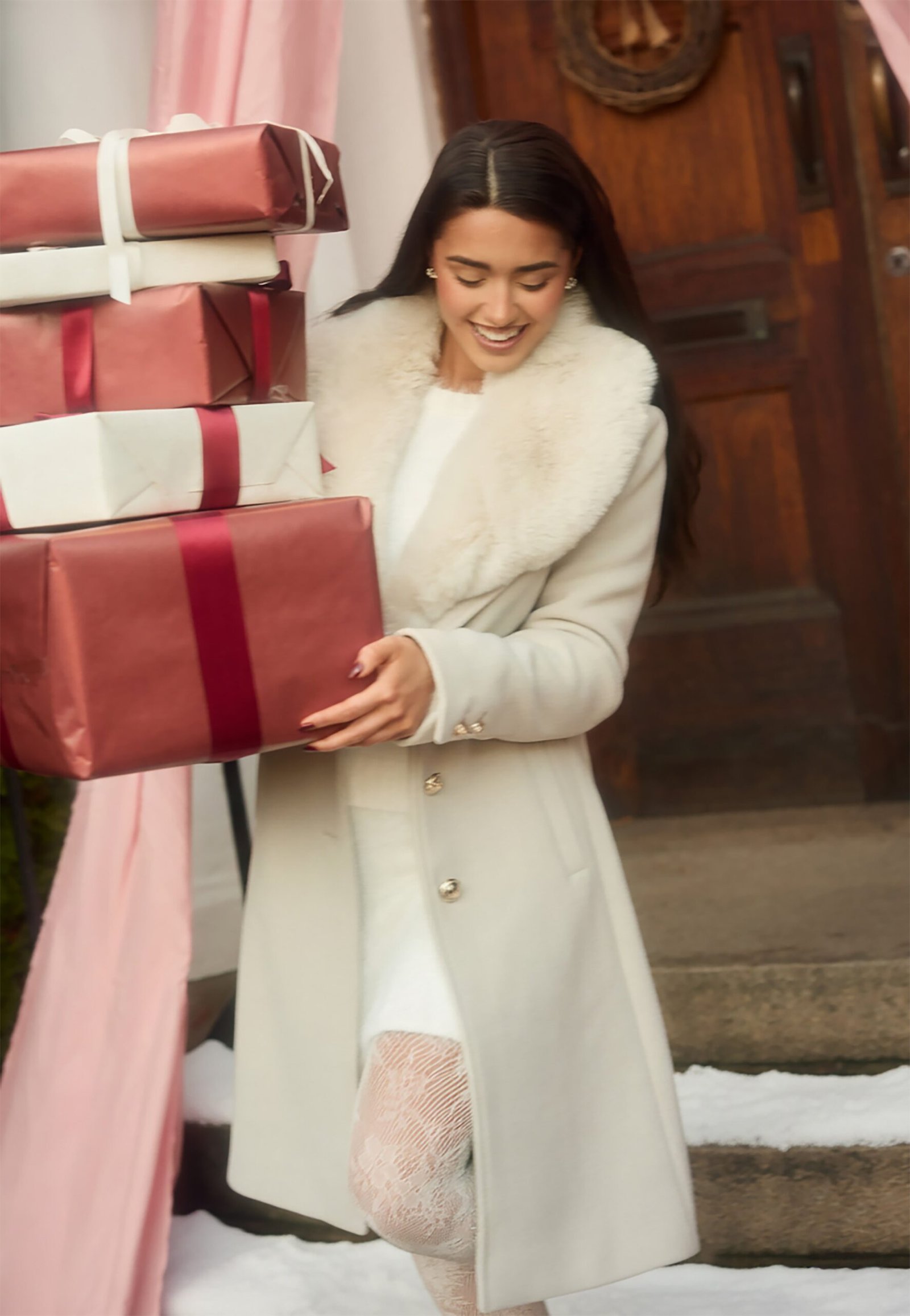 Fur Collar Wool Blend Coat