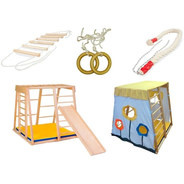 Kidwood Standard Set: liukumäki, kiipeilytikkaat, kiipeilyköysi, voimistelurenkaat ja teltta