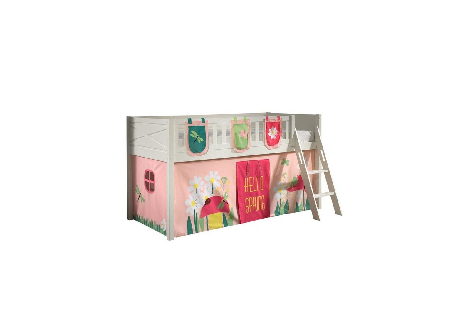 Parvisänky tikkailla ja yhteensopiva tekstiilisetti (leikkiverho ja säilytystaskut) Scott Kevät - Kevät