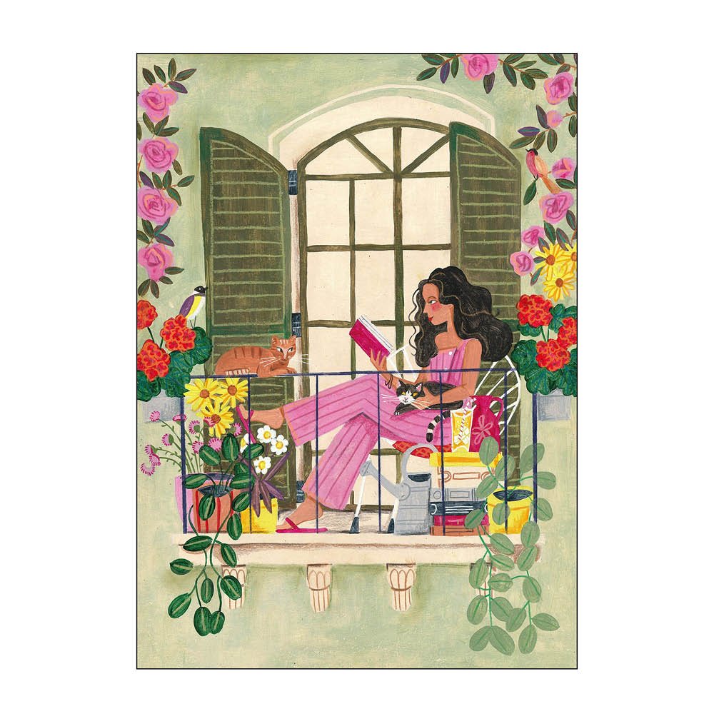 Poster & Frame  Caroline Bonne Müller Juliste 30x40 cm Woman reads on balcony with cats