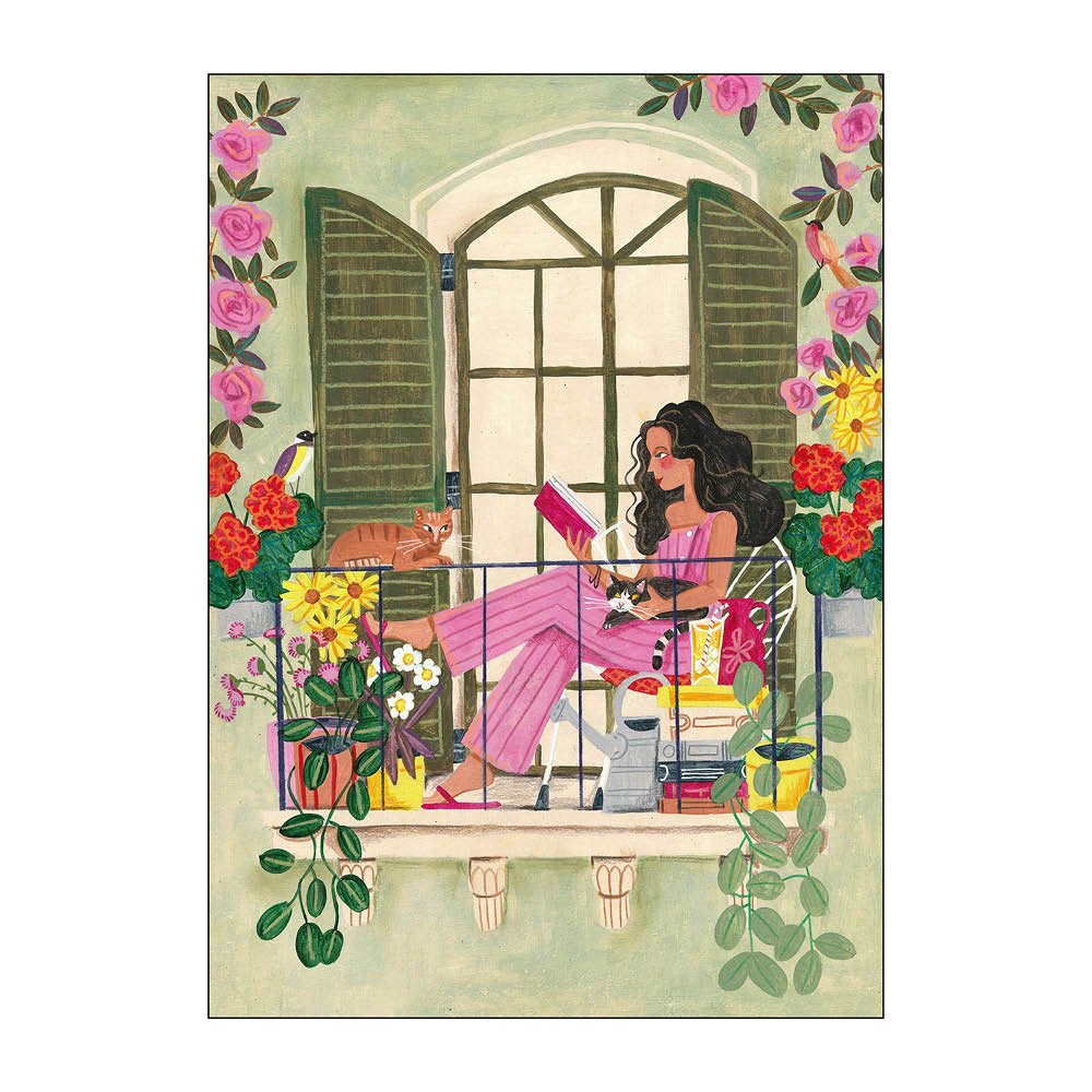 Poster & Frame  Caroline Bonne Müller Juliste 50x70 cm Woman reads on balcony with cats