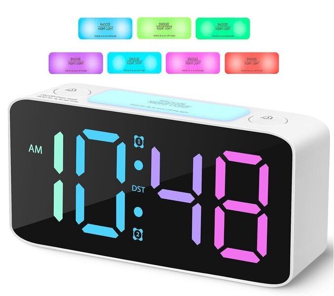 Digitaalinen herätyskello makuuhuoneeseen, 7 värin yövalo, 2 USB-latausporttia ja säädettävä kirkkaus LED-näytössä