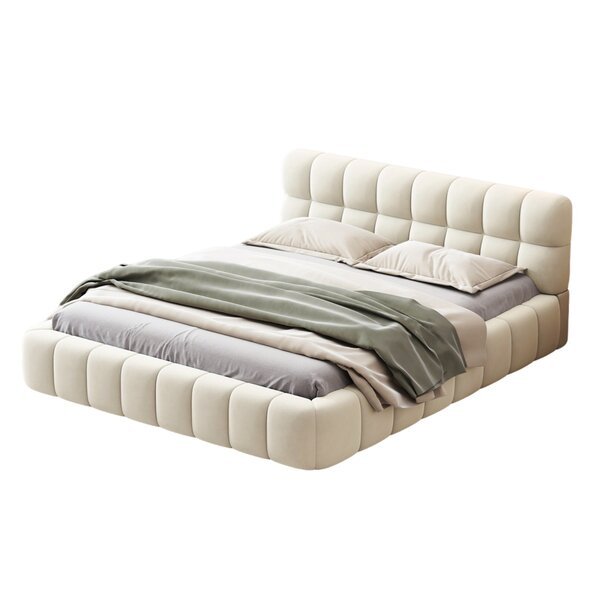 Kaksinvuode, pehmustettu sänky, pellavakangas, beige, 160x200 cm