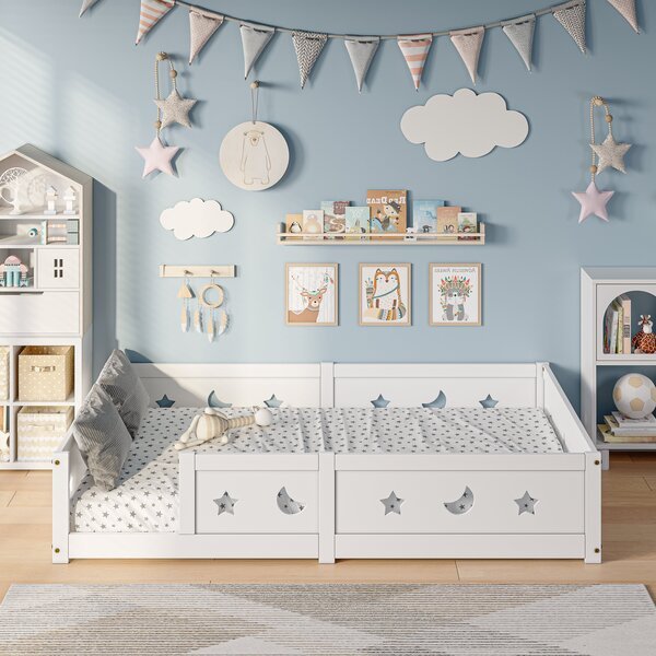 Lastensänky 140x200 cm, liukumaton sälepohja ja säädettävä kaide, valkoinen