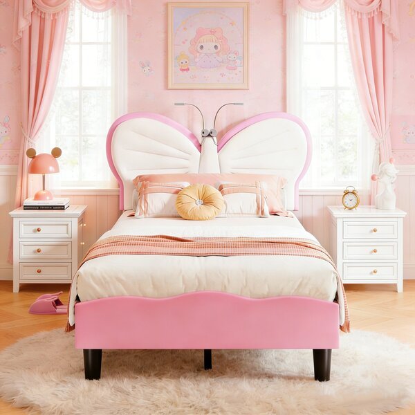 Lastensänky 90x200cm - Perhosenmuotoinen sängynpääty lukuvalolla - Vaaleanpunainen