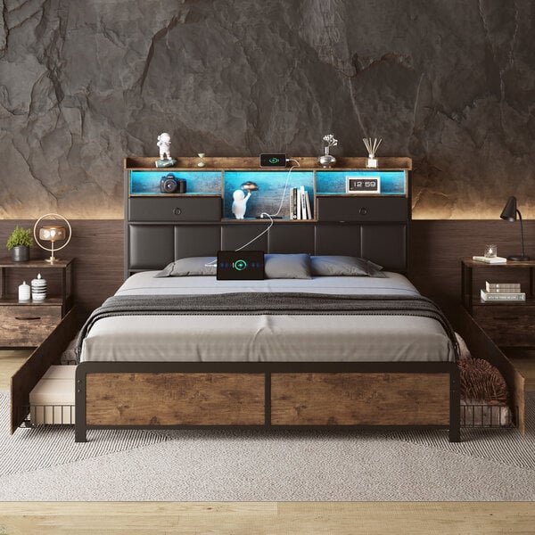 Parisänky 140x200cm, 4 laatikkoa ja säilytyslokeroa - LED-valolla ja USB-valolla - musta