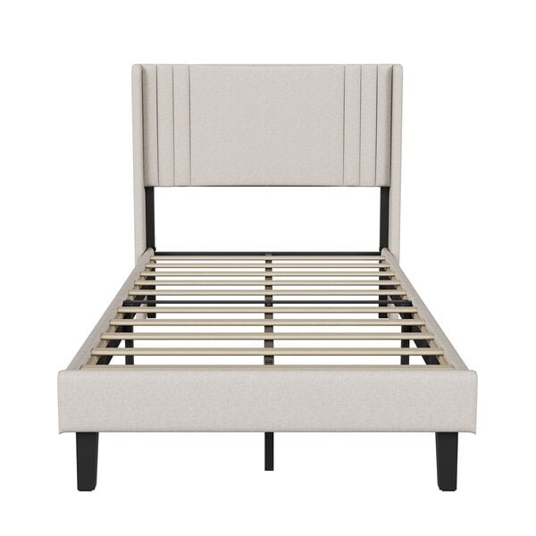 Pehmustettu sänky 90x200 sälepohjalla – beige kangassänky korkealla päädyllä