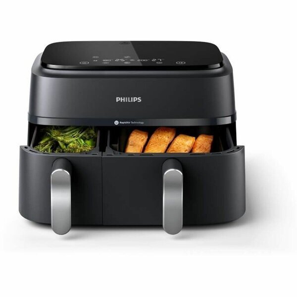Öljyttömä frittaja - PHILIPS - NA351/00 - Airfryer Sarja 3000 kaksoiskori 9L - 8 esiasetusta - 2750W - Musta/Hopea