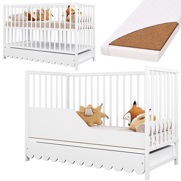 Pinnasänky Lettino laatikolla, 120x60, valkoinen, patjan kanssa