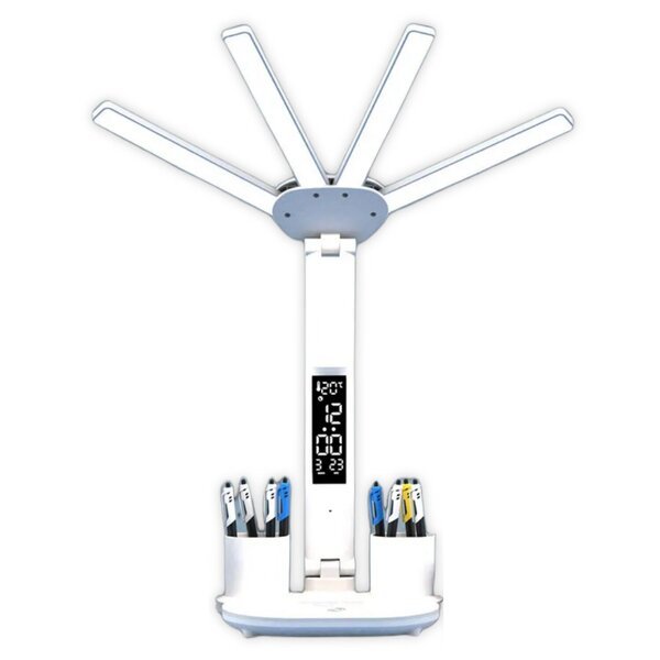 Pöytään asetettava LED-valaisin lämpömittarilla, kalenterilla ja kellolla