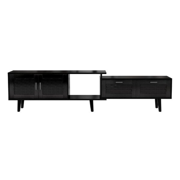 Säädettävä TV-Taso 146–180 cm PVC Rottinkityylillä, 2 Ovea, 2 Laatikkoa, 75″ TV:lle, Musta