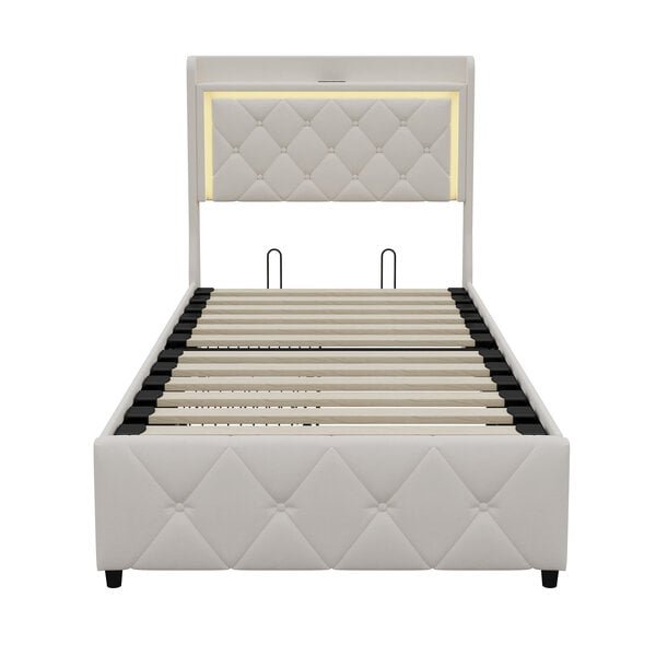 Samettinen pehmustettu sänky LED-valolla, USB-latauksella ja laatikoilla – säilytystilallinen sänky 90×200