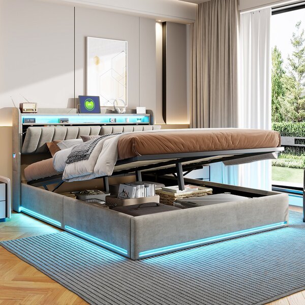 Sänky 160x200cm - LED ja USB - Säilytystilaa - Sametti - Harmaa