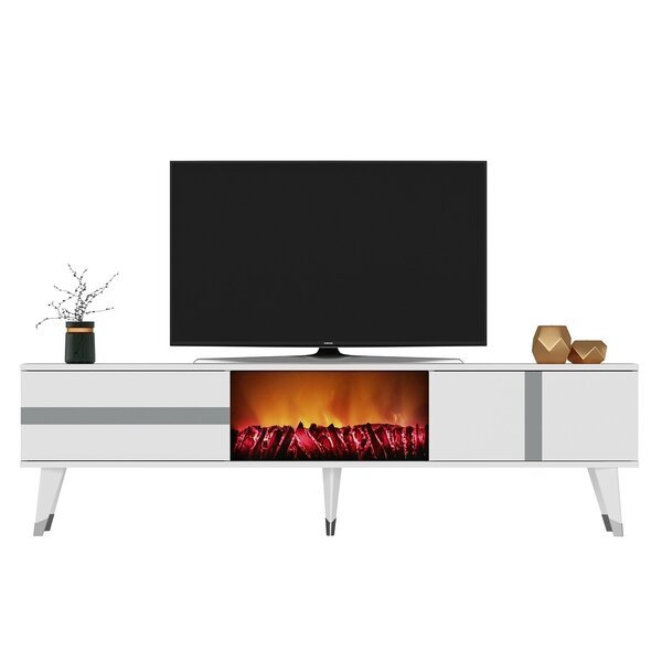 TV-taso Asir Vania Fireplace, 150x50x30 cm, valkoinen/hopea