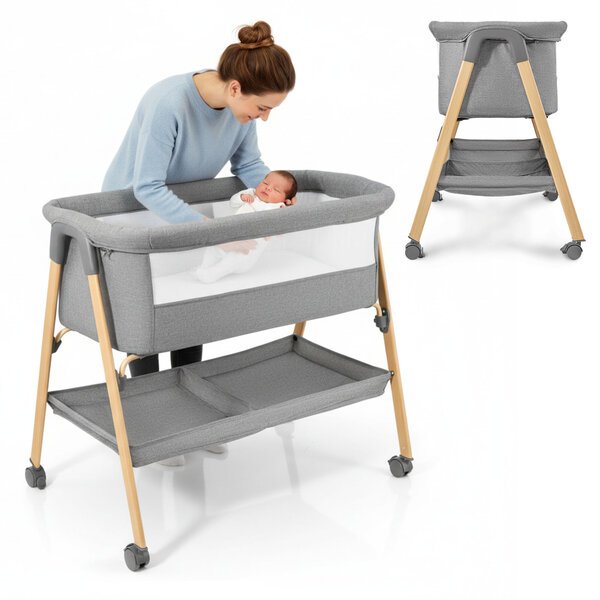 Vauvansänky patjalla Moby-System MILI, kokoontaitettava, pyörillä, harmaa