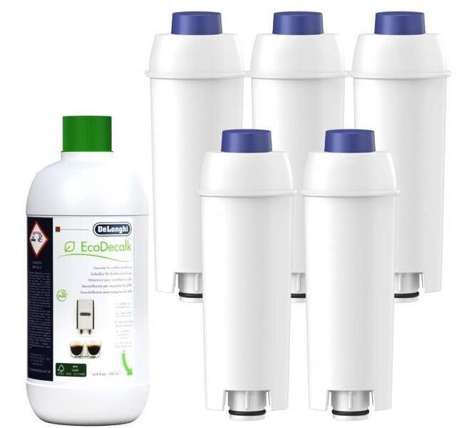 Vedensuodattimet Delonghi-kahvinkeittimeen, 5 kpl + 500 ml kalkinpoistoaineet
