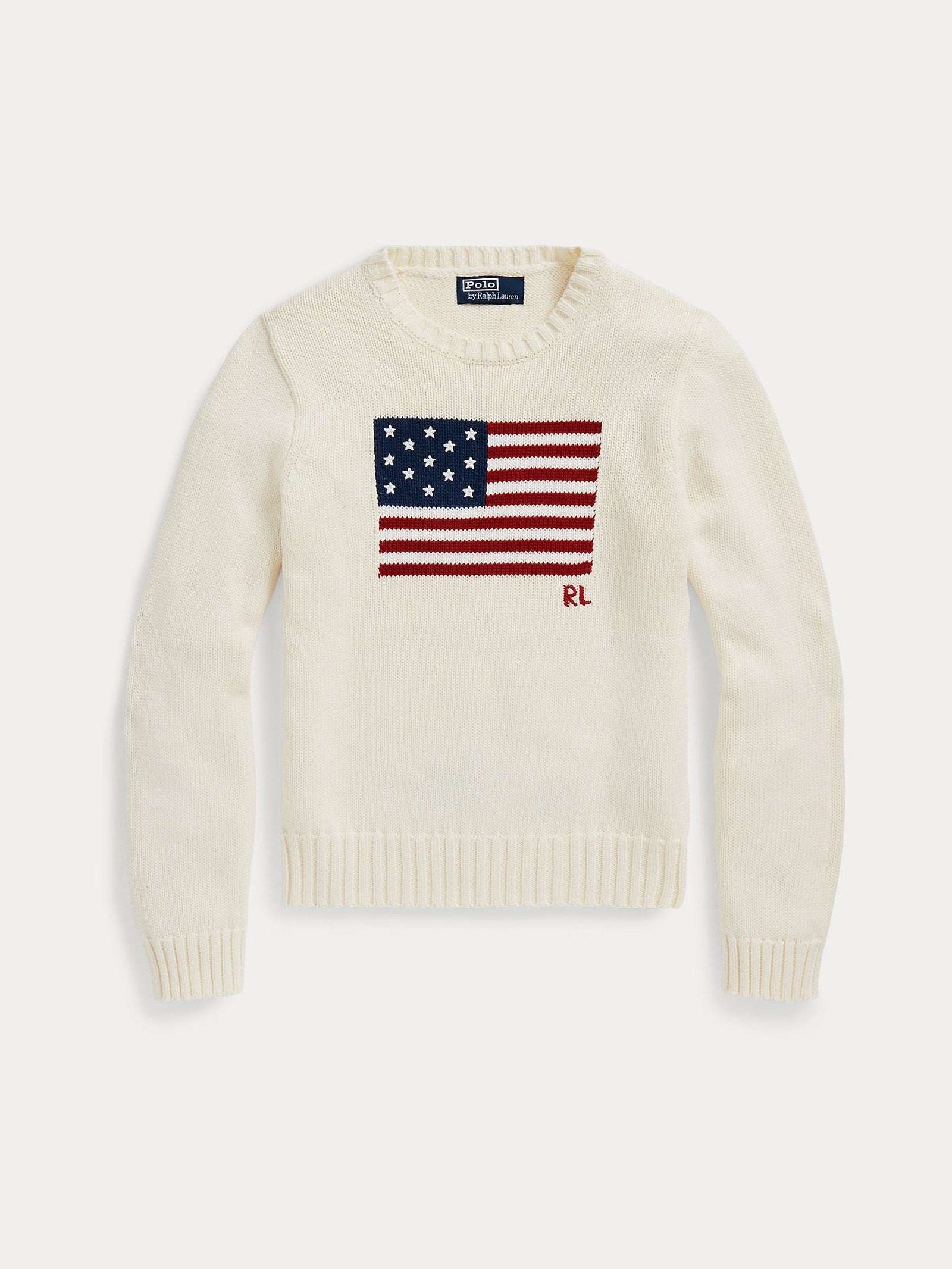 Polo Ralph Lauren naisten neulepusero, FLAG CN-LONG SLEEVE-PULLOVER Luonnonvalkoinen