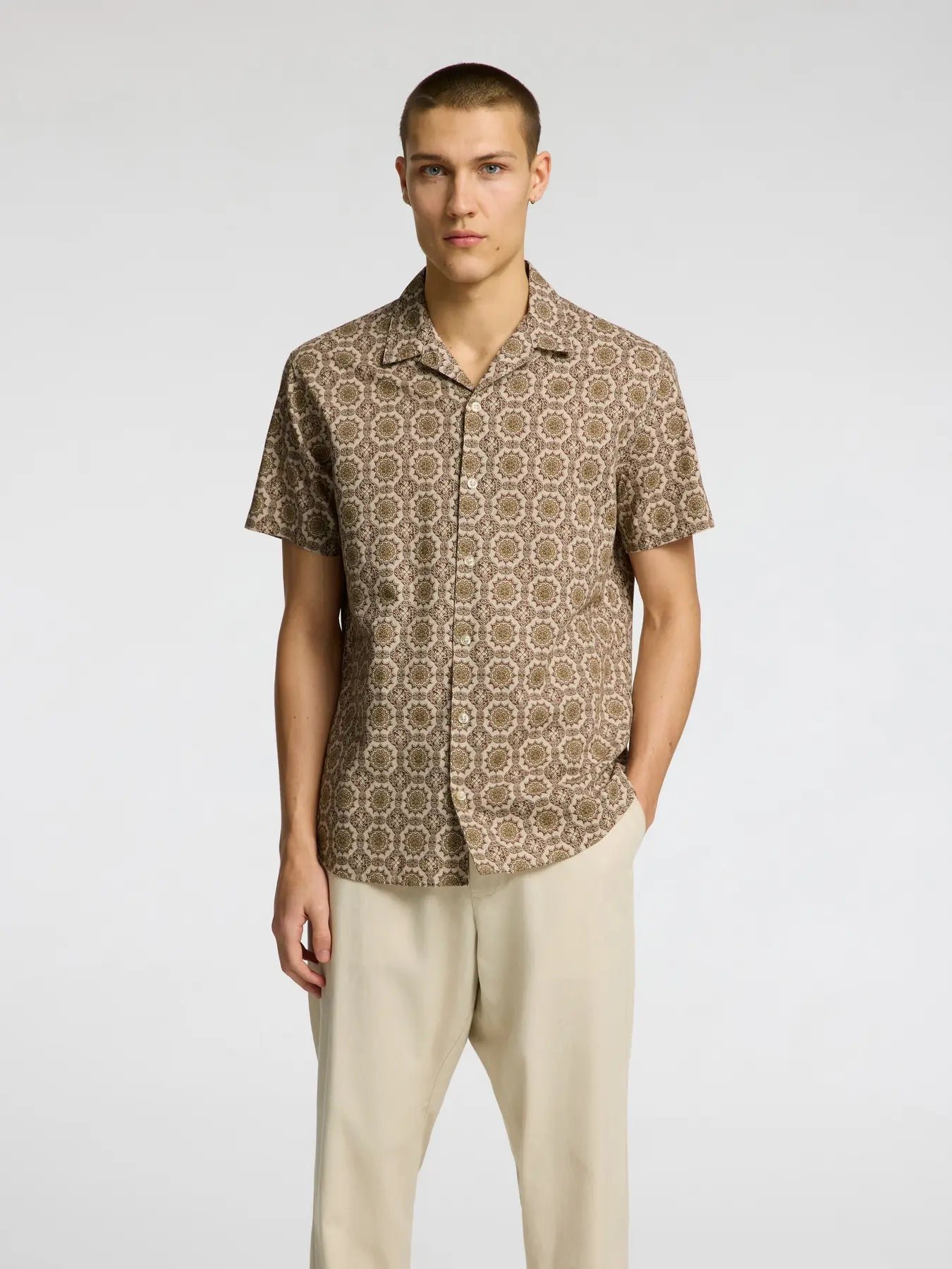 Selected Miesten Paita NEW LINEN SHIRT RESORT Ruskea Kuosi
