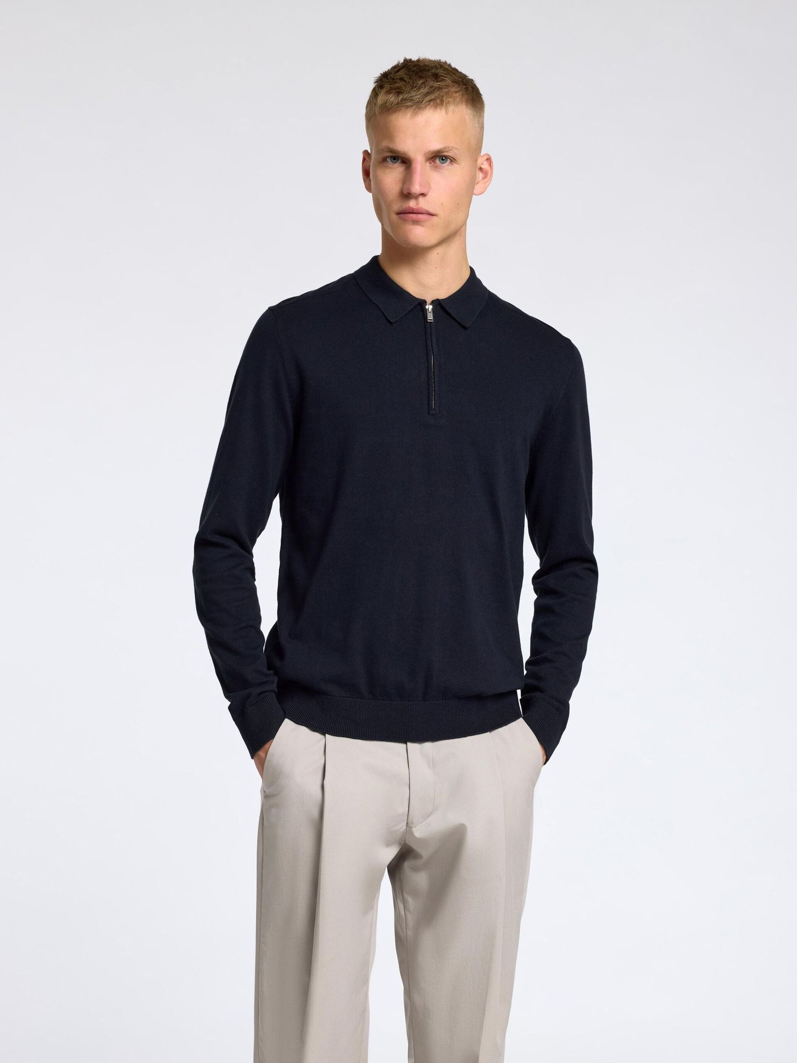 Selected miesten pitkähihainen pikeepaita, SLHBERG LS HALF ZIP POLO Tummansininen
