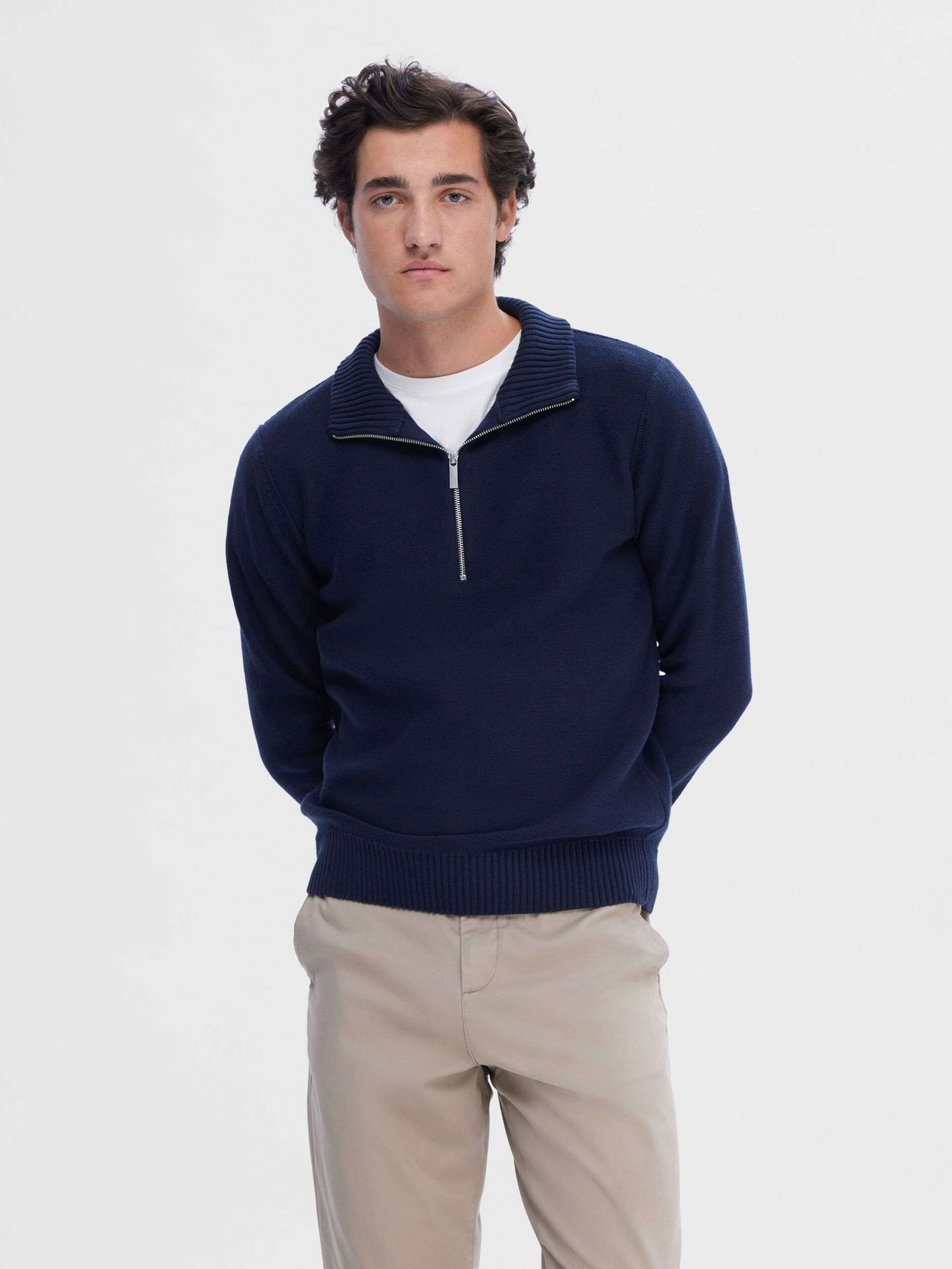 Selected neule, AXEL LS KNIT HALF ZIP Tummansininen