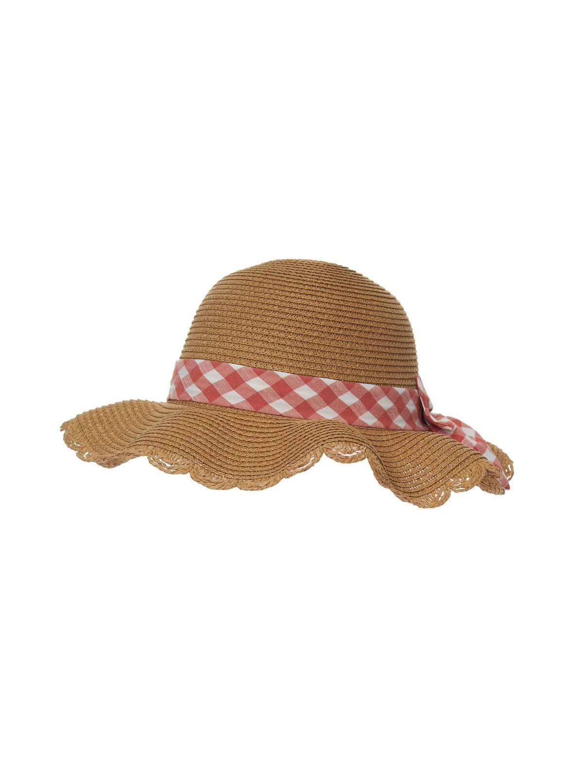 Gingham bow scalloped straw -hattu