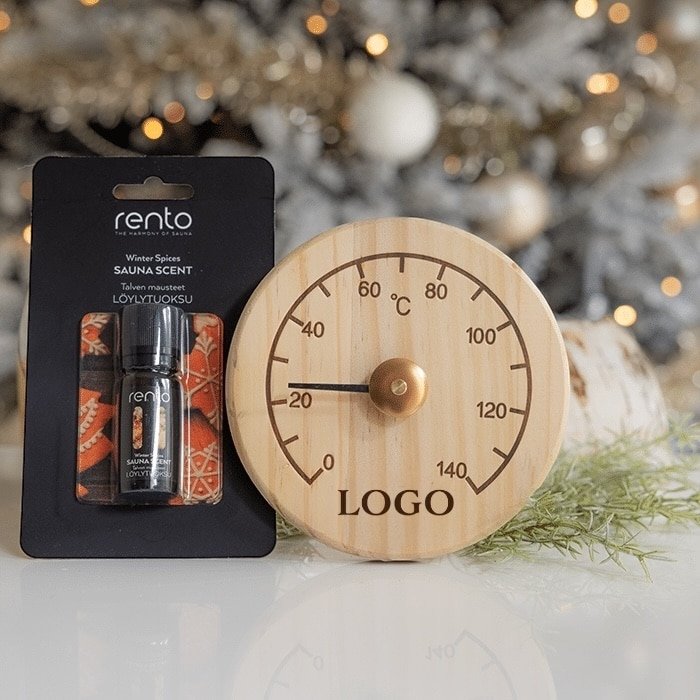 Saunamittari logolla ja löylytuoksu -lahjasetti