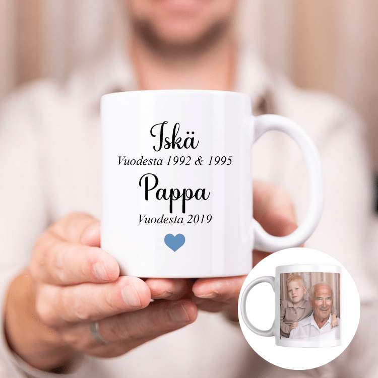 Muki tekstillä ja valokuvalla, isä & pappa