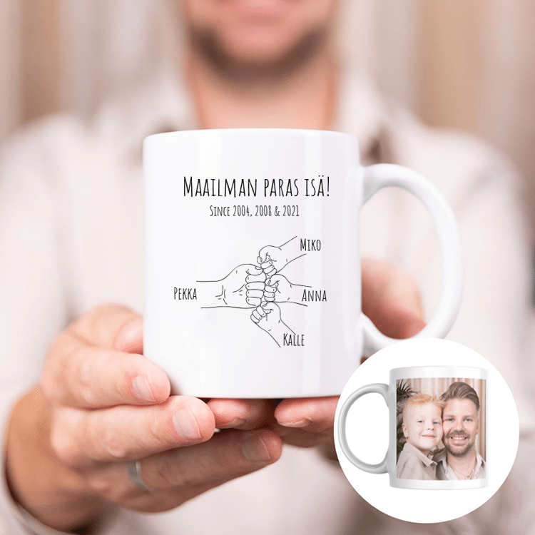 Muki kuvalla ja tekstillä, nyrkit