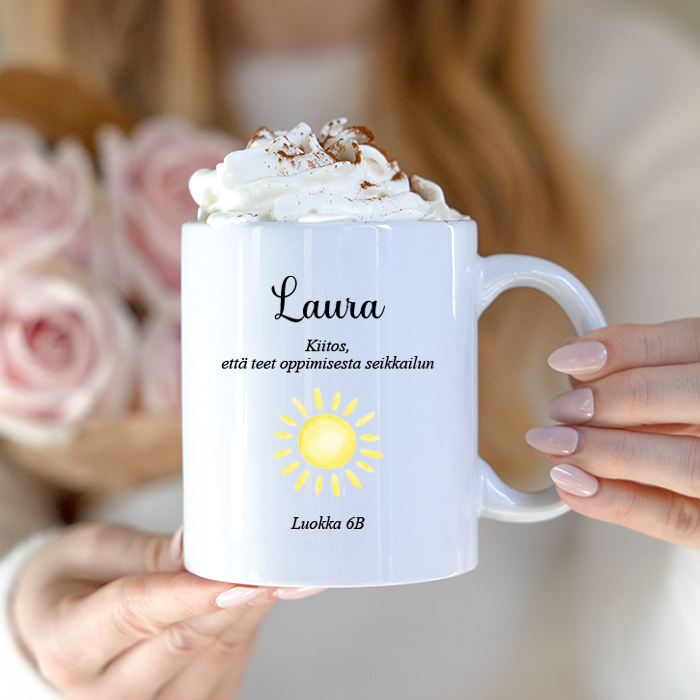 Muki painatuksella, lahja opettajalle