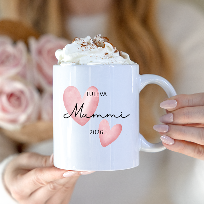 Muki tekstillä ja kuvalla, lahja tuleville isovanhemmille