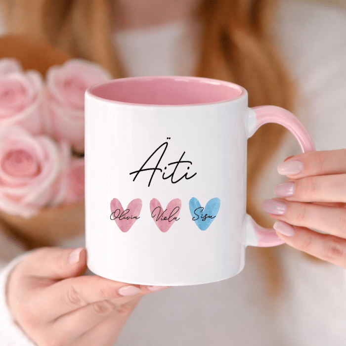 Muki painatuksella, sydämet