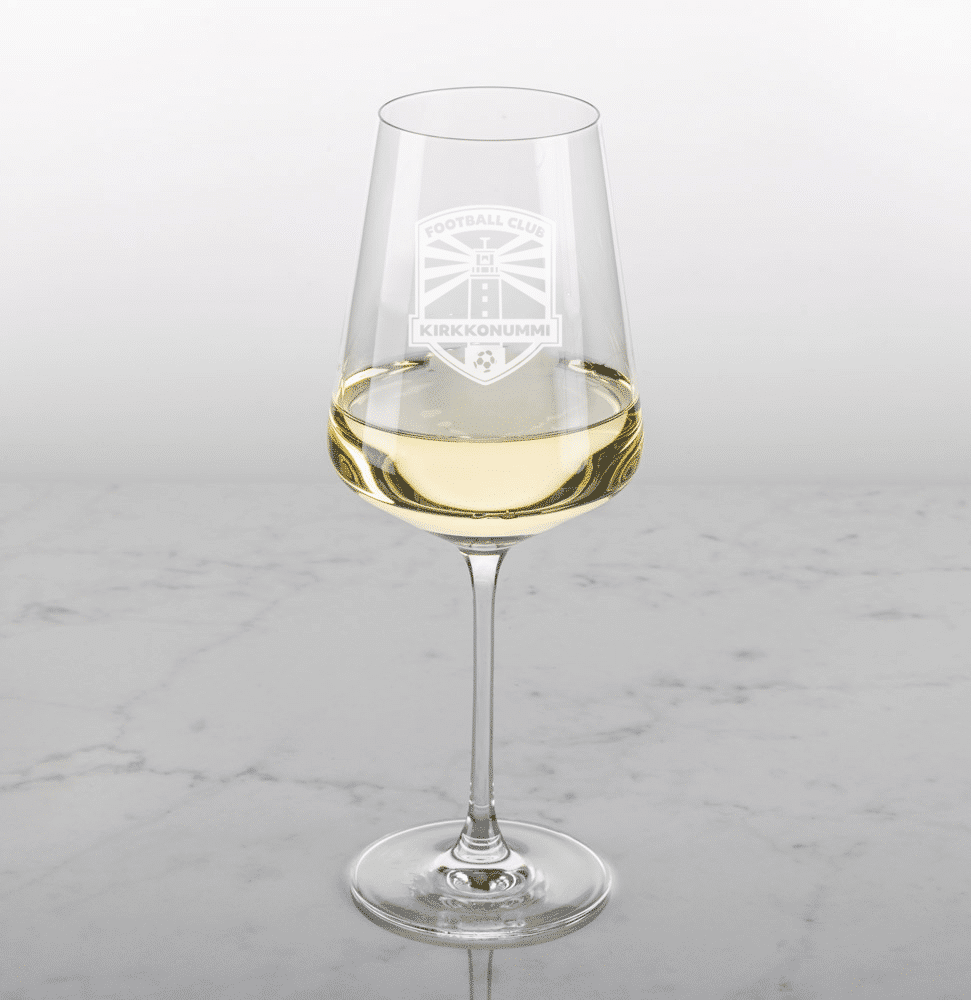 Valkoviinilasi joukkueen logolla