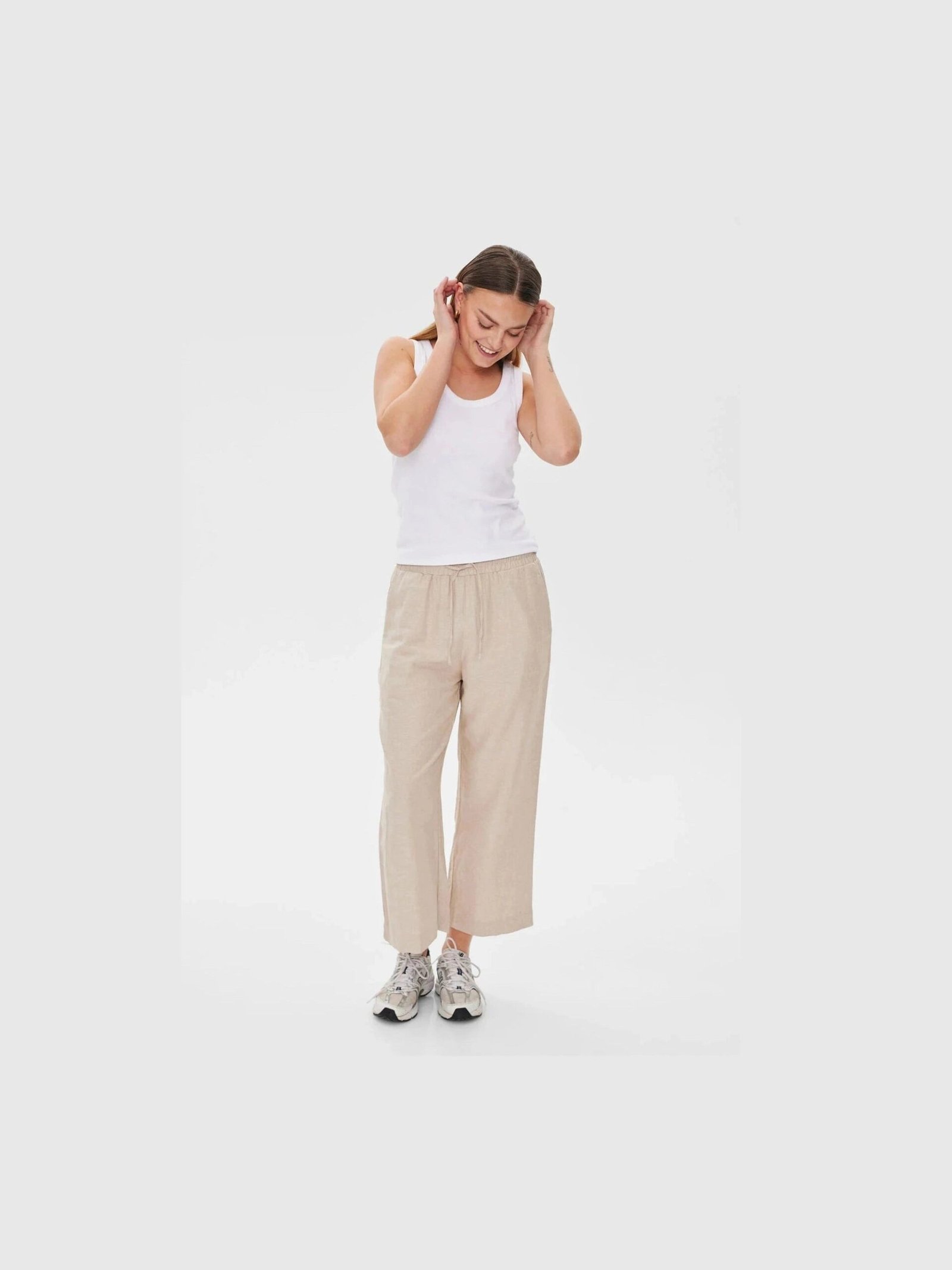 Freequent Naisten housut LA PANT 7/8 LINEN Vaalea Beige