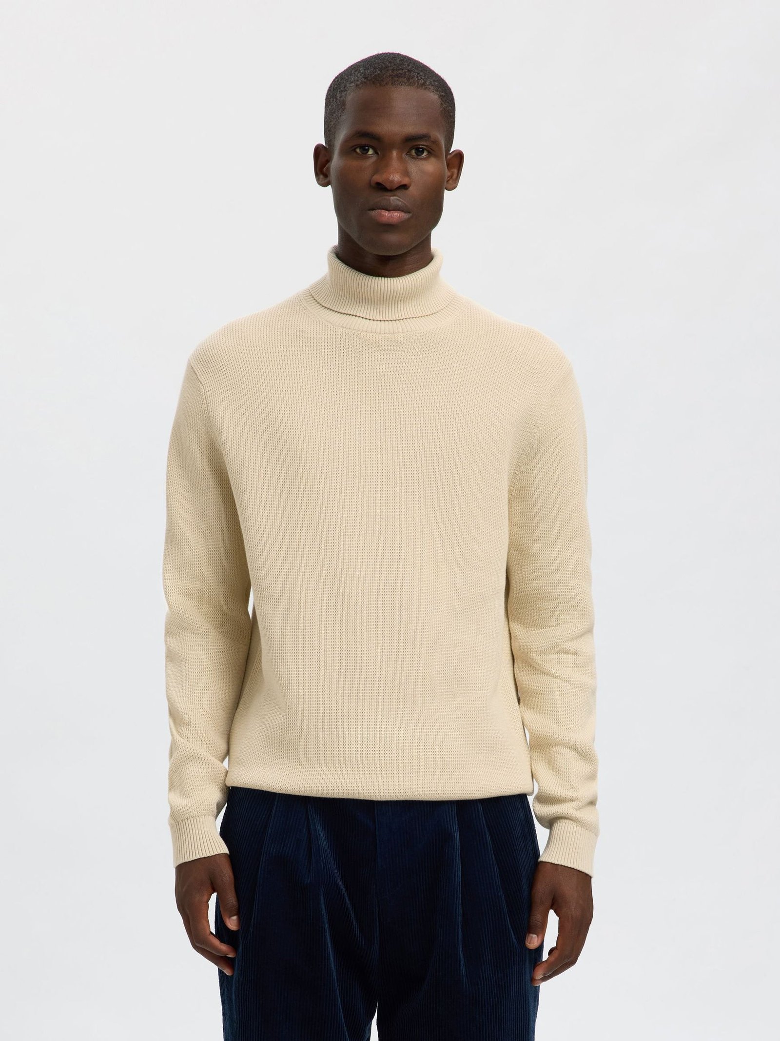 Selected miesten neulepusero K DANE LS KNIT STRUCTURE ROLLNECK NOS, oatmeal