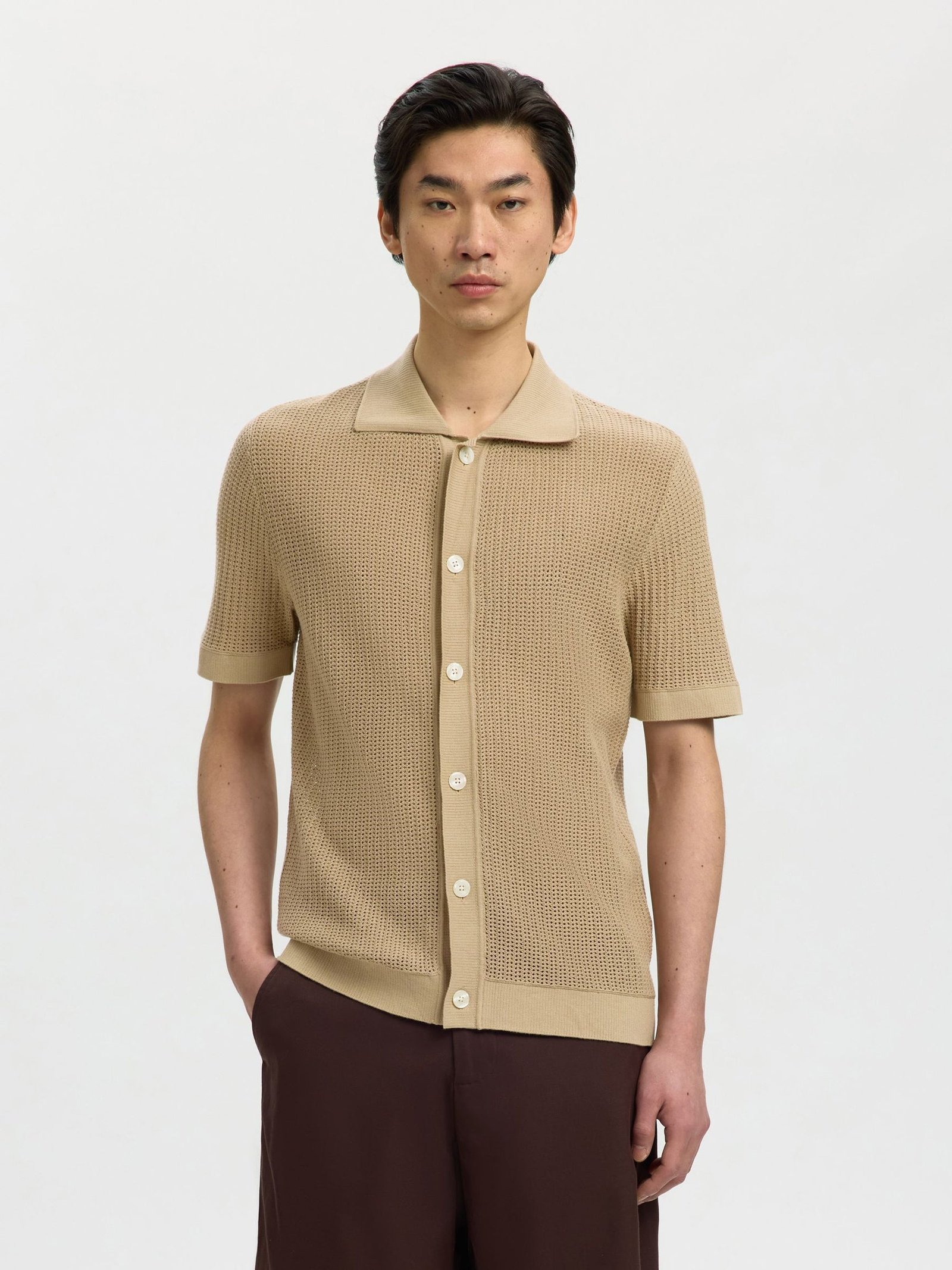Selected miesten paita Open Struc Polo Cardigan, White Pepper