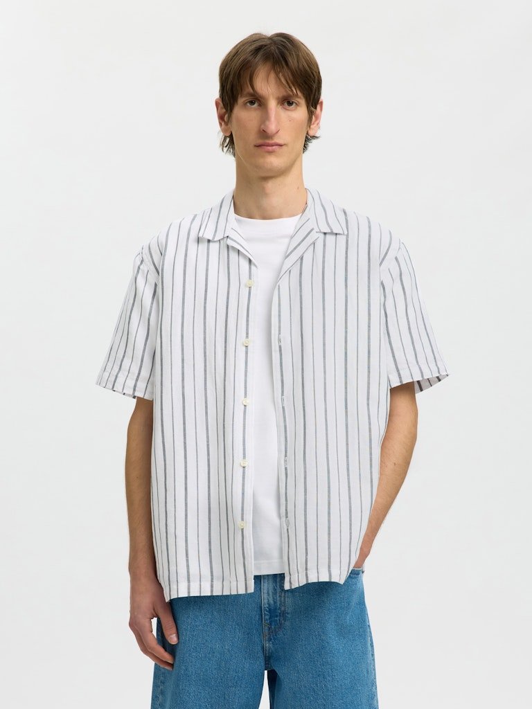Selected miesten kauluspaita Resort Linen Blend SS Shirt K, Bright White Balsam Green