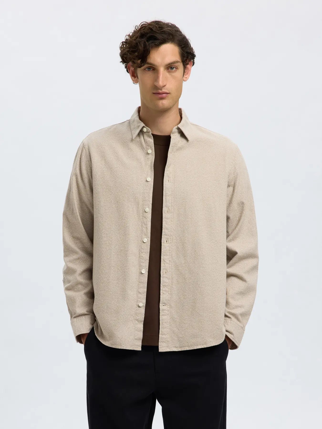 Selected miesten kauluspaita, REG NOAH BRUSHED TWIST SHIRT Egret Twisted Chinchilla