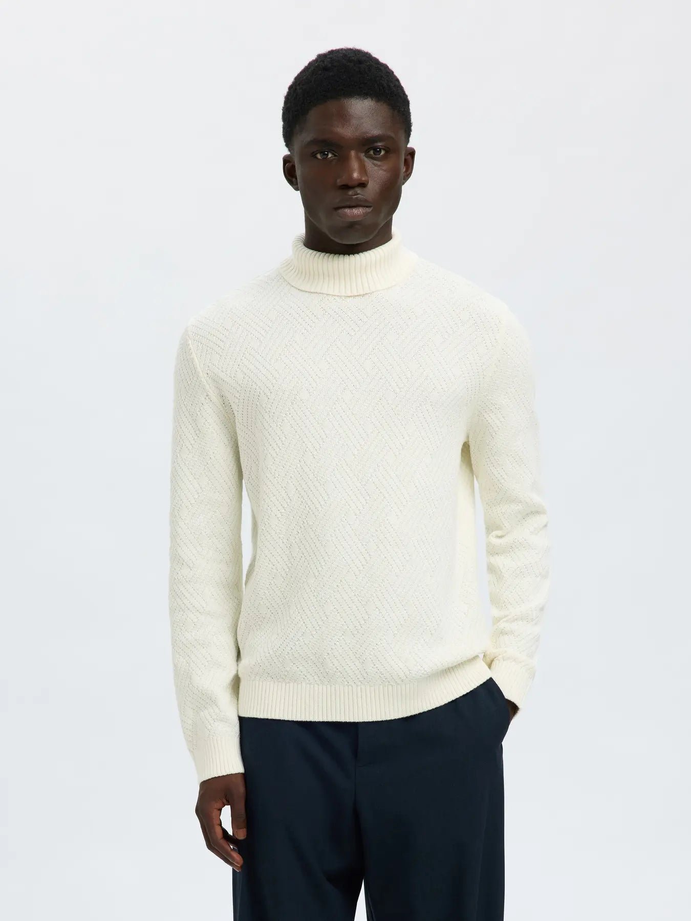 Selected miesten neulepusero, TREVOR LS KNIT STRUCTURE ROLL NECK Egret