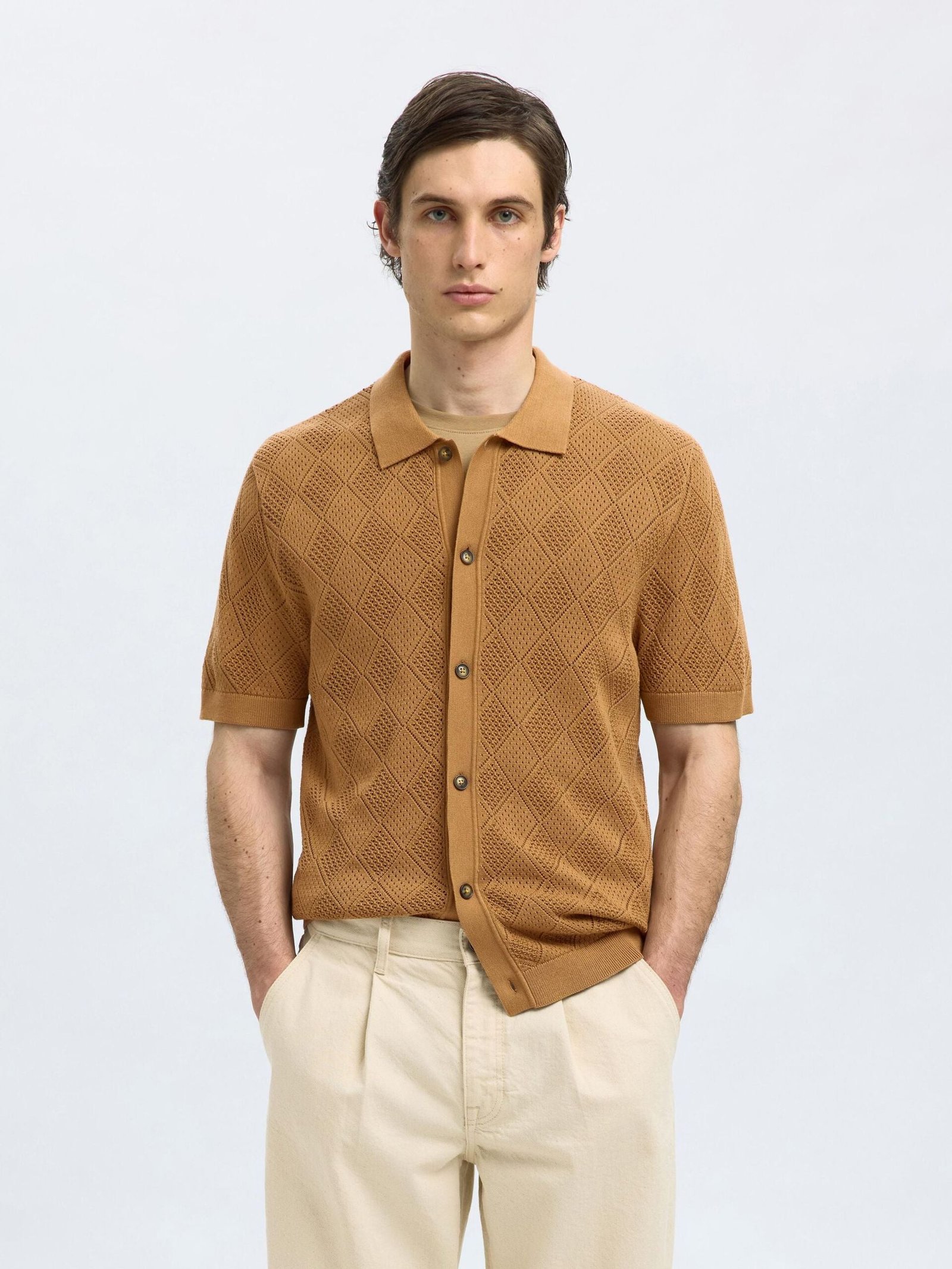 Selected miesten paita, ARCO SS KNIT STRUCTURE POLO Keskiruskea