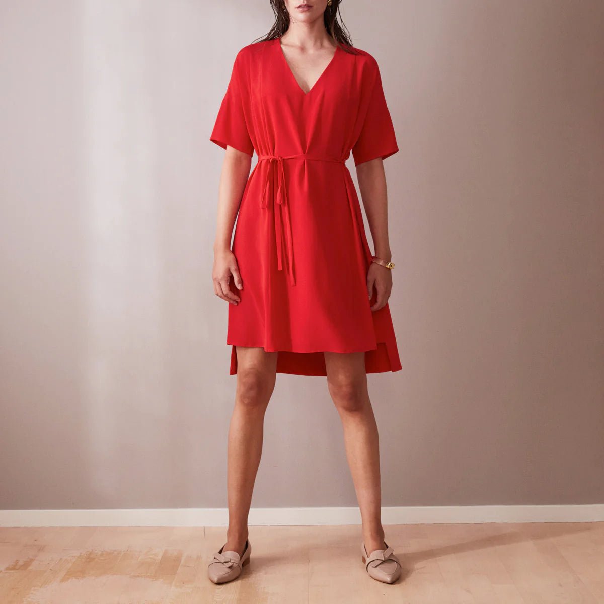 Day Silk Dress Red Knee Length