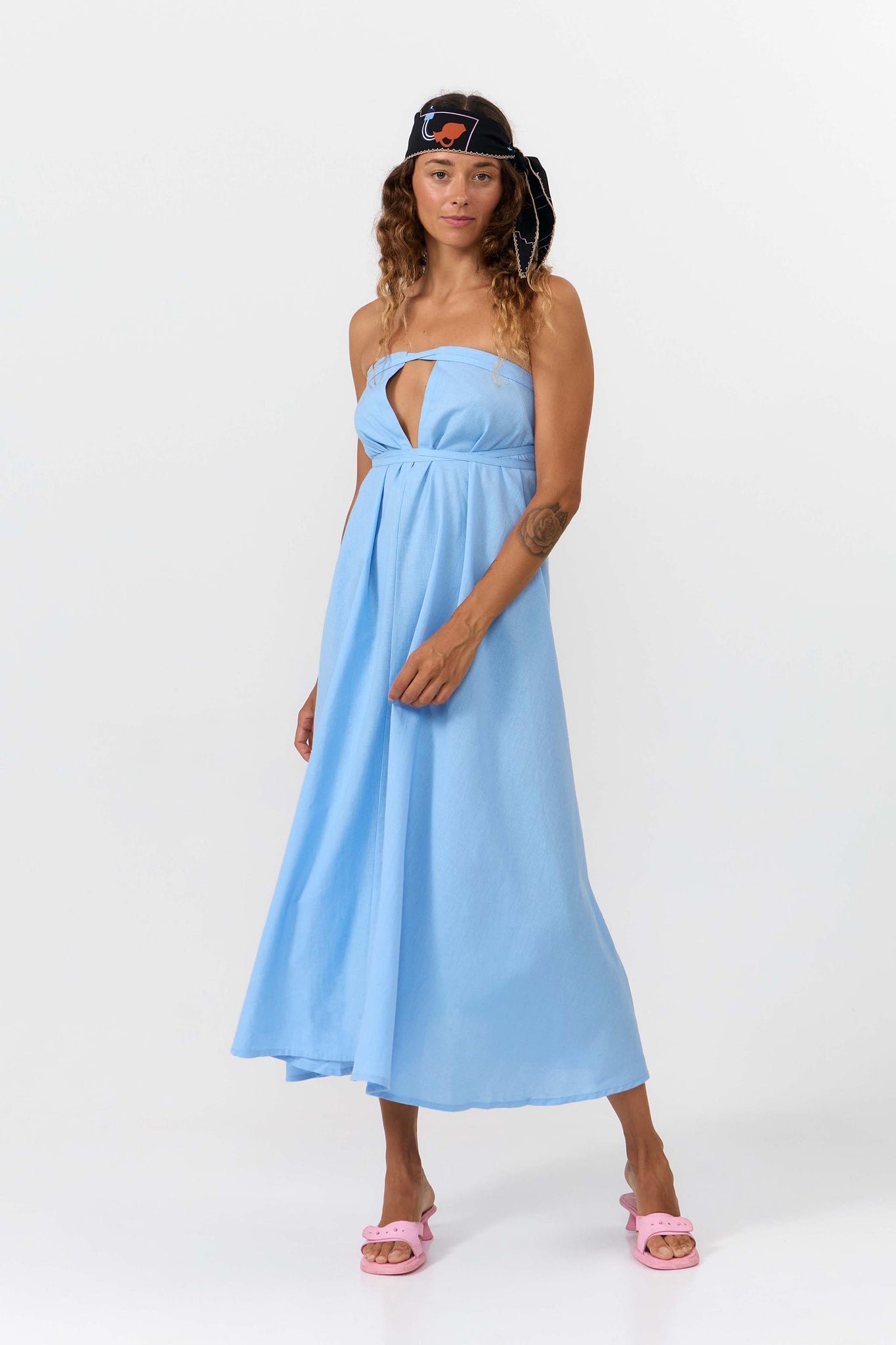 Multiposition Dress Midi Cotton Linen Light Blue
