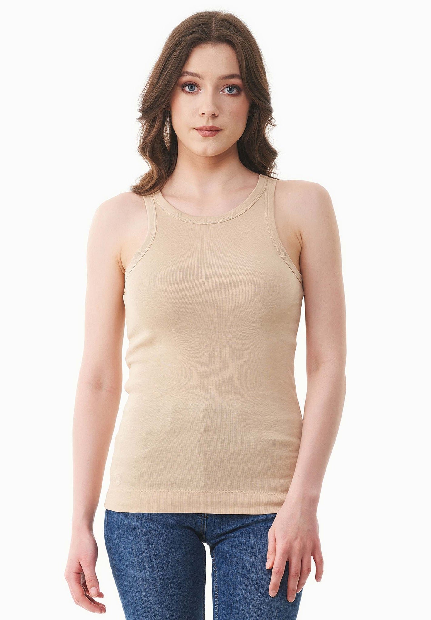 Women's High Neckline Ribbed Top Soft Beige