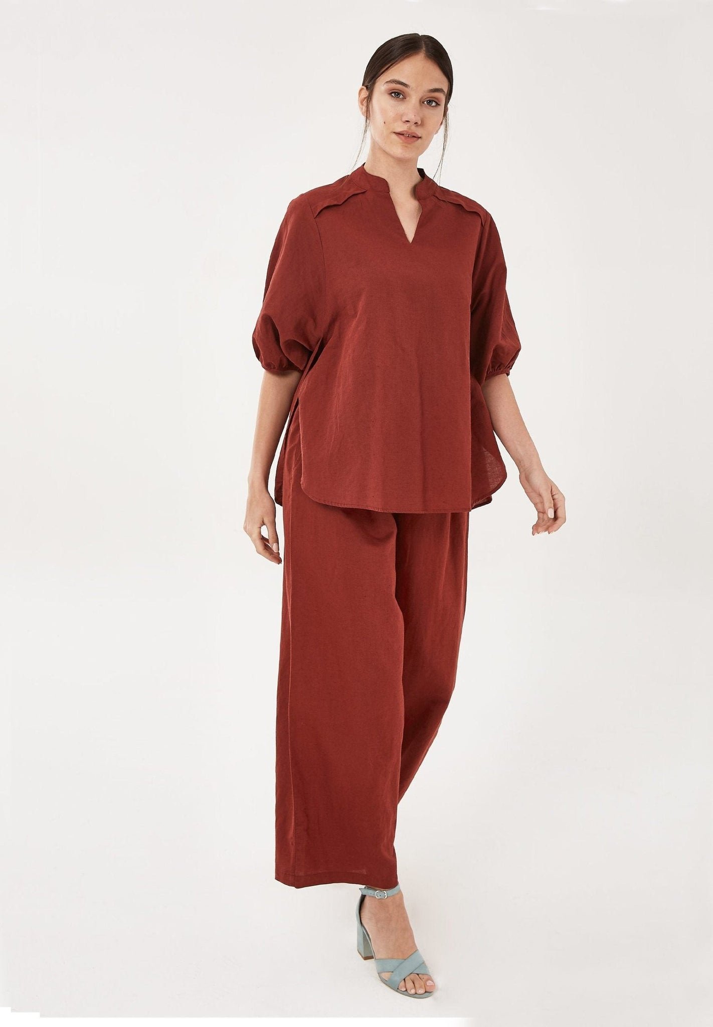 V-Neck Linen Cotton Blend Blouse Hot Chocolate