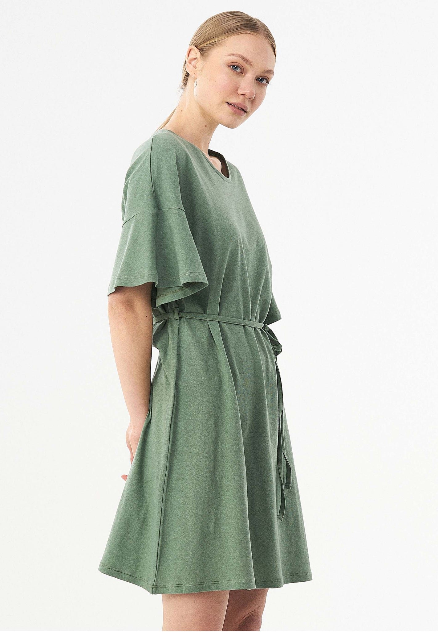 Belted Linen Blend Jersey Dress Fern Green