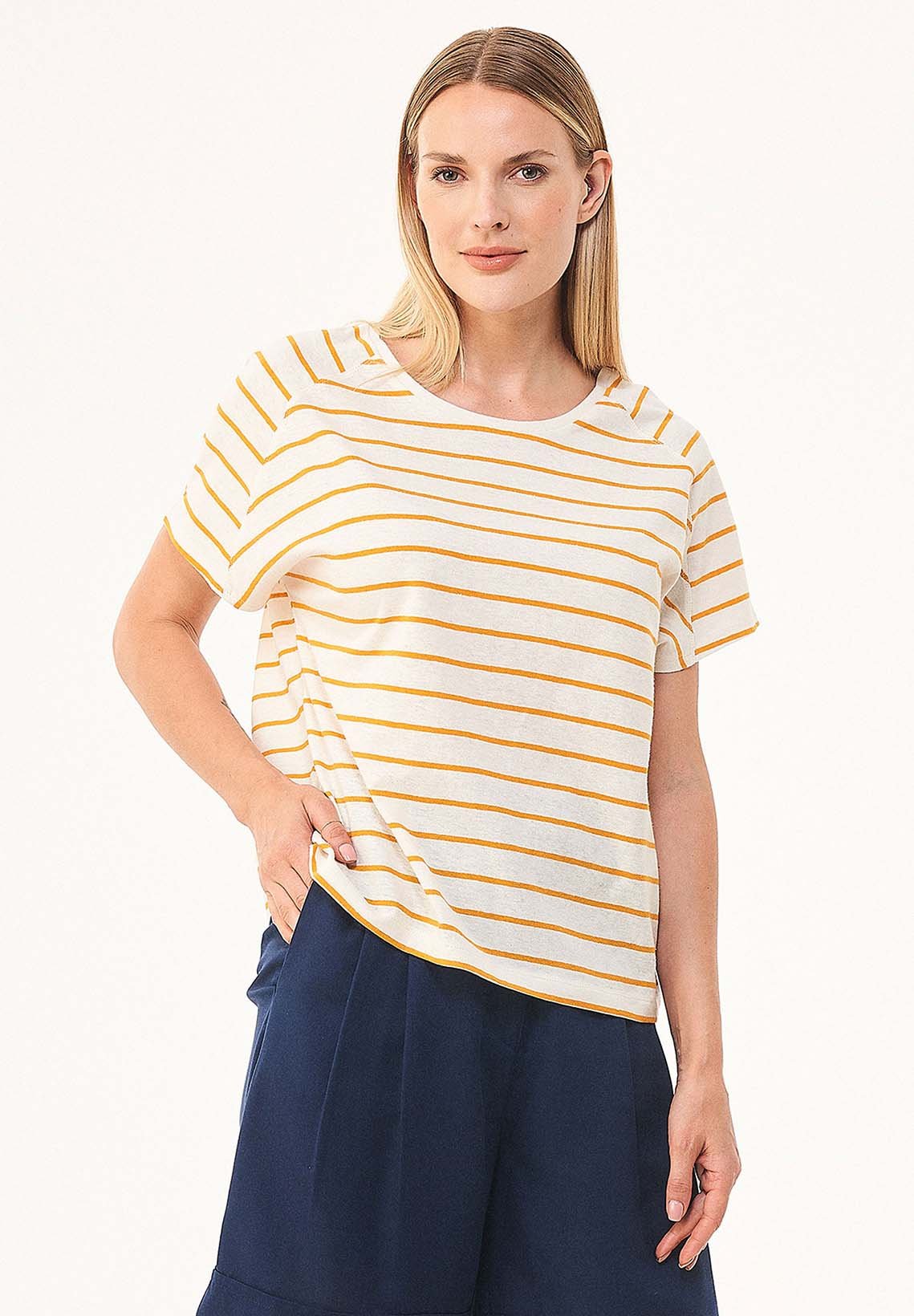 Striped Linen Blend T-Shirt Off White / Mango
