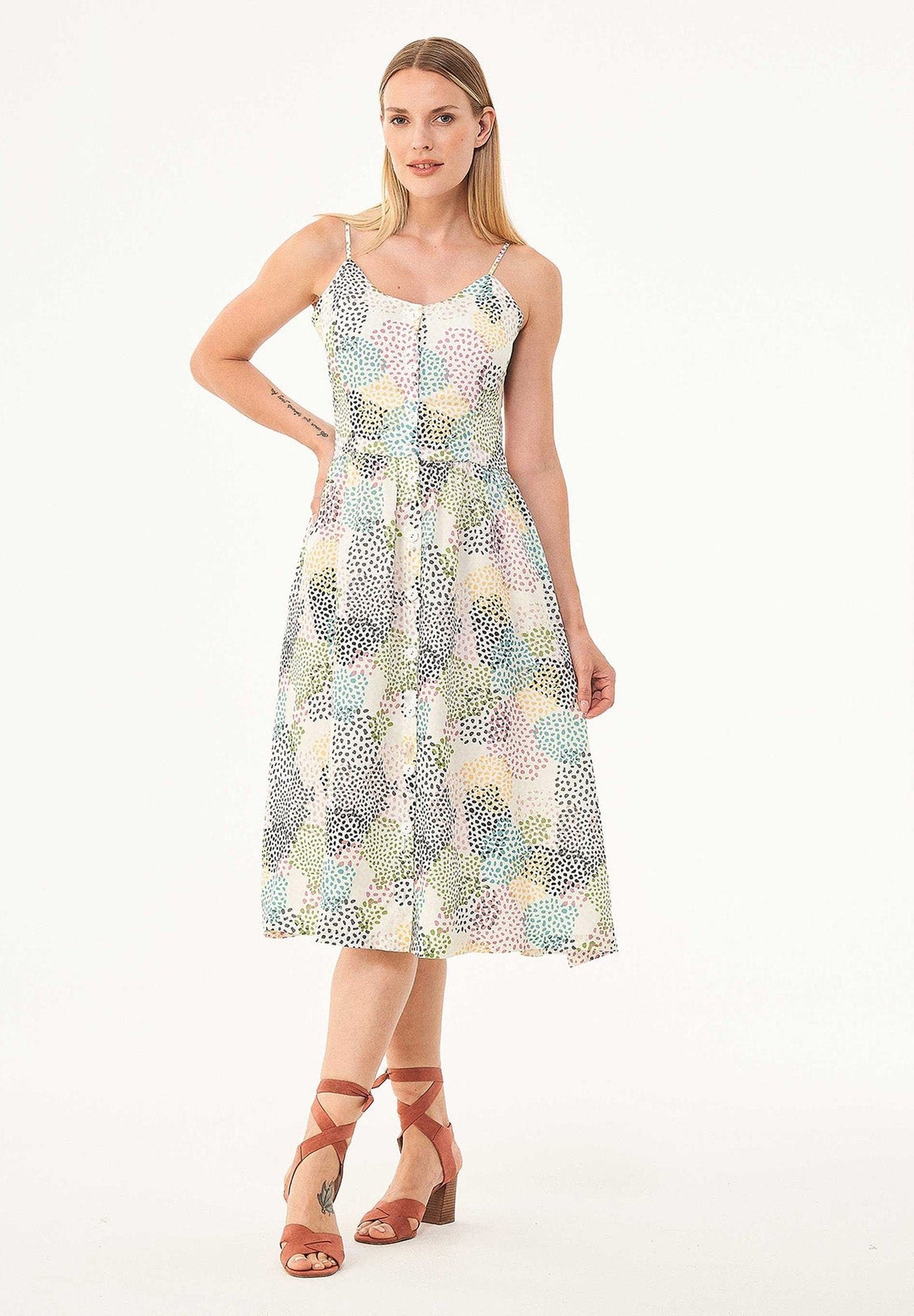 Spaghetti Strap Button Front Dress Multi Color Spots