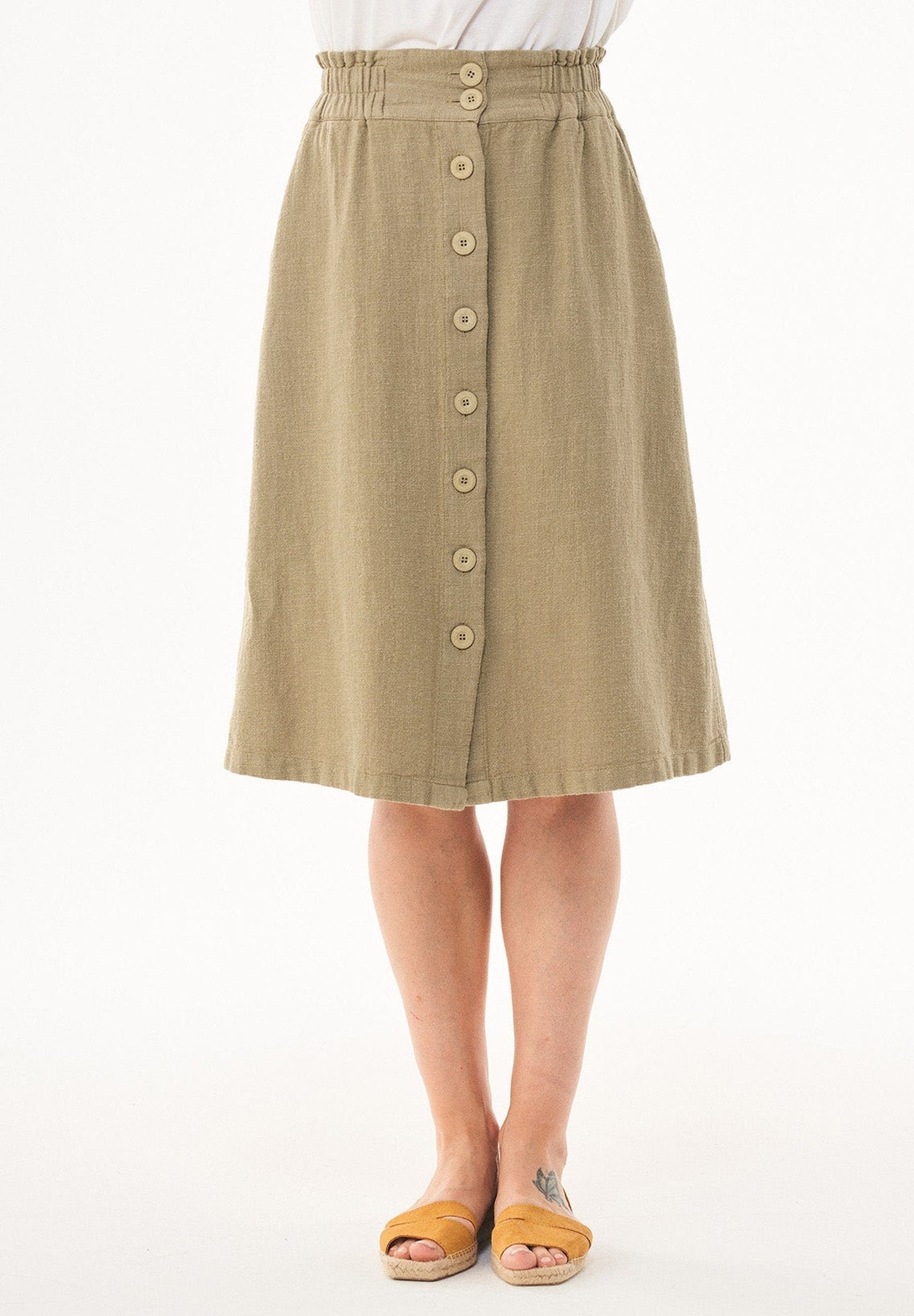 Knee-Length Linen Blend Button Skirt Olive